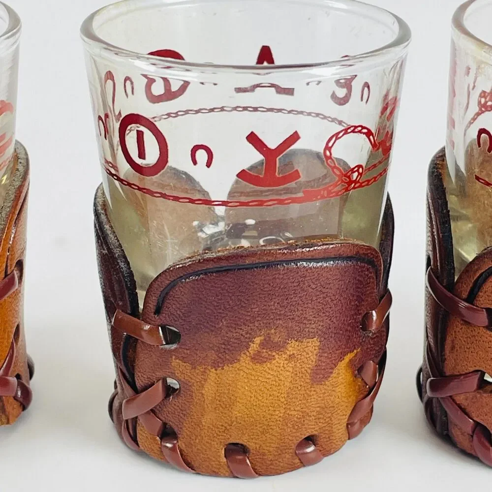 3 Vintage Libbey Bamco Western Shot Glasses MCM Tooled Leather Wraps Barware